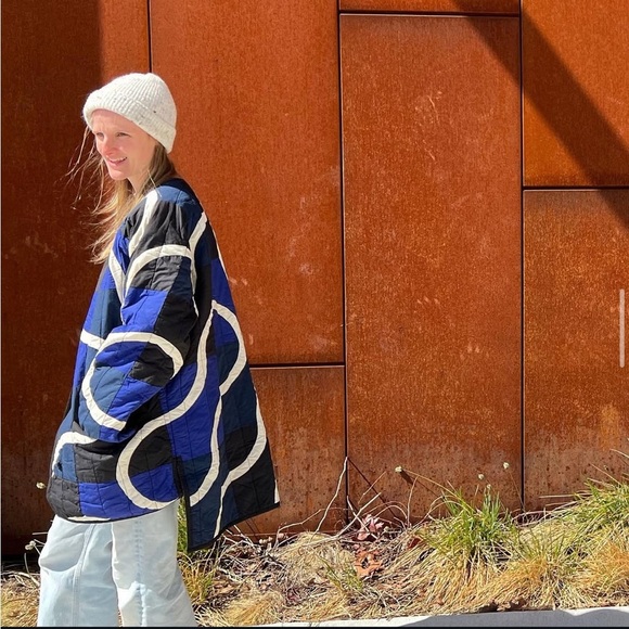 Haptic Lab Snake Path Quilt Coat Organic Cotton Blue Black Large EUC - Picture 8 of 10